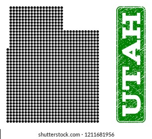 Dotted map of Utah State and grunge caption. Vector green title inside rounded rectangle and grunge rubber texture. Pixelated map of Utah State constructed with black pattern of round dots.
