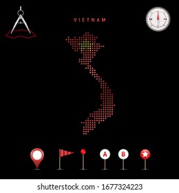 Dotted map of Vietnam painted in the colors of the national flag of Vietnam. Waving flag effect. Map tools, set of cartographic icons. Vector illustration