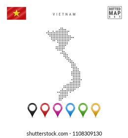 Dotted Map of Vietnam. Simple Silhouette of Vietnam. The National Flag of Vietnam. Set of Multicolored Map Markers. Vector Illustration Isolated on White Background.