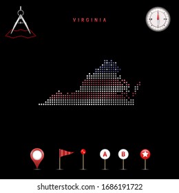 Dotted map of Virginia painted in the colors of the national flag of the United States. Waving flag effect. Map tools, set of cartographic icons. Vector illustration