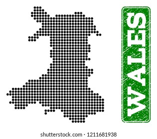Dotted map of Wales and grunge caption. Vector green title inside rounded rectangle and grunge rubber texture. Pixelated map of Wales designed with black pattern of round dots.
