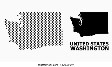 Dotted map of Washington State composition and solid illustration. Vector map of Washington State composition of round elements with hexagonal geometric pattern on a white background.