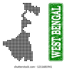 Dotted map of West Bengal State and corroded caption. Vector green title inside rounded rectangle and retro rubber texture.
