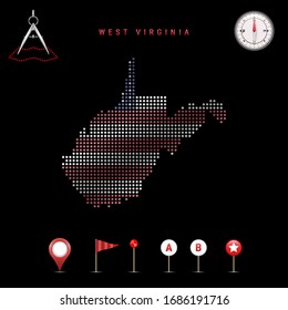 Mapa trazado de Virginia Occidental pintado en los colores de la bandera nacional de los Estados Unidos. Efecto de indicador de ondear. Herramientas de mapa, conjunto de iconos cartográficos. Ilustración del vector