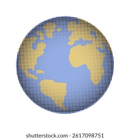 Dotted map of the world in the form of a globe in halftone pop art comic style. Vector illustration.