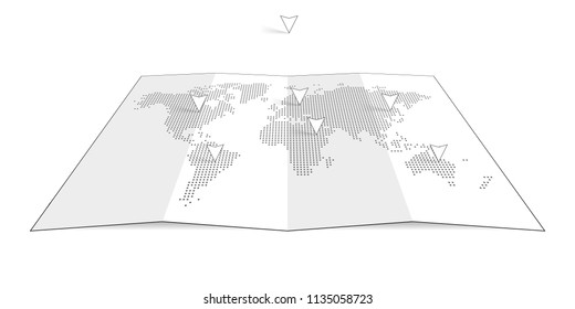 Dotted map of the world on a curved sheet of paper, with pointers. Vector eps10