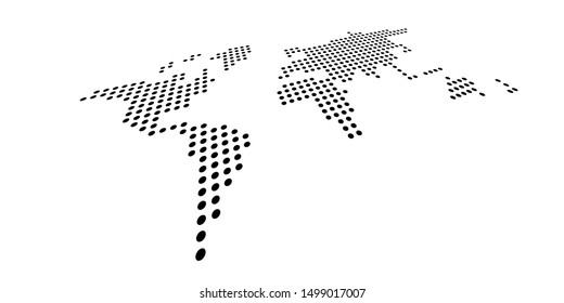 Dotted map of World. Side view distortion. Black vector dots on white background.