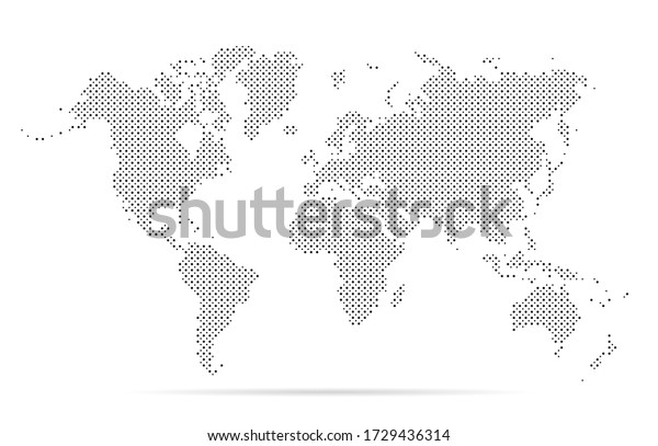 Dotted map world. Simple digital dot. Worldmap\
global point. Earth globe circle. Worldwide continents isolated on\
white background. Silhouette planet round. Minimalist continent\
designs travel. Vector