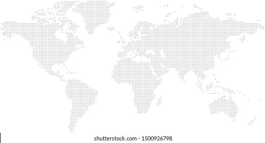 Dotted map of World. Small black dots on white background.
