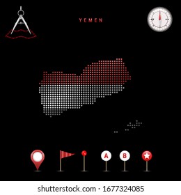 Dotted map of Yemen painted in the colors of the national flag of Yemen. Waving flag effect. Map tools, set of cartographic icons. Vector illustration