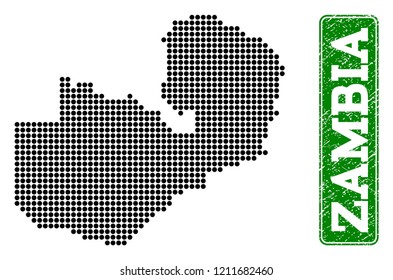 Dotted map of Zambia and rubber caption. Vector green title inside rounded rectangle and distress rubber texture. Pixelated map of Zambia constructed with black pattern of round dots.