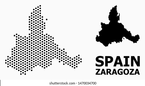 Dotted map of Zaragoza Province composition and solid illustration. Vector map of Zaragoza Province composition of circle dots with hexagonal periodic array on a white background.
