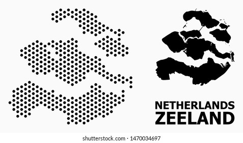 Dotted map of Zeeland Province composition and solid illustration. Vector map of Zeeland Province composition of sphere elements with hexagonal geometric array on a white background.