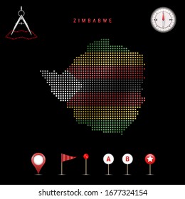 Dotted map of Zimbabwe painted in the colors of the national flag of Zimbabwe. Waving flag effect. Map tools, set of cartographic icons. Vector illustration