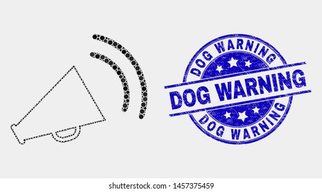 Dotted megaphone sound mosaic icon and Dog Warning seal stamp. Blue vector round scratched seal with Dog Warning title. Vector combination in flat style.