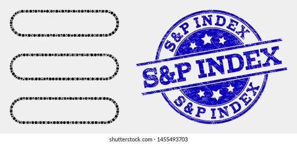 Dotted menu list mosaic pictogram and S&P Index seal stamp. Blue vector rounded scratched seal with S&P Index caption. Vector combination in flat style.