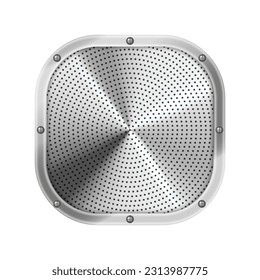Dotted metal plate with radial gradient background. Vector backdrop of realistic steel signboard or shield. Chrome polished board template for sign or logo. Empty or blank plaque. Iron sheet