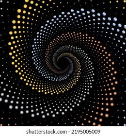 Arrière-plan vectoriel vectoriel grunge métallique dégradés en spirale. Fond d'écran de points de motif tourbillon doré.