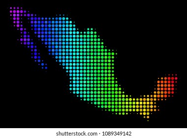 Dotted Mexico map. Halftone geographical plan using spectral color tints with horizontal gradient on a black background. Vector composition of Mexico map made of small circles.