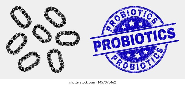 Dotted microbes mosaic pictogram and Probiotics seal stamp. Blue vector rounded grunge seal stamp with Probiotics caption. Vector combination in flat style.