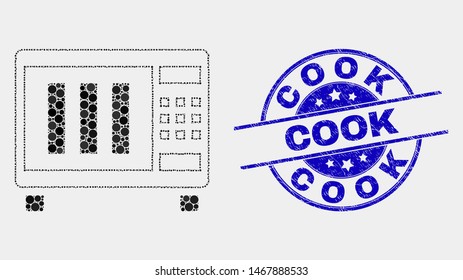 Dotted microwave oven mosaic pictogram and Cook seal stamp. Blue vector rounded scratched seal stamp with Cook caption. Vector collage in flat style.