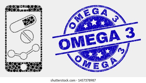 Dotted mobile pharmacy chart mosaic icon and Omega 3 watermark. Blue vector round scratched seal stamp with Omega 3 message. Vector composition in flat style.