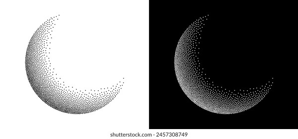 Dotted moon illustration with stipple effect. Black shape on a white background and the same white shape on the black side.