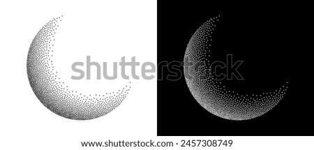 Dotted moon illustration with stipple effect. Black shape on a white background and the same white shape on the black side.