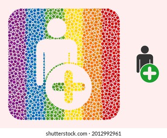 Dotted mosaic add man figure hole icon for LGBT. Multicolored rounded square mosaic is around add man figure hole. LGBT spectrum colors. Vector add man figure combination of circle pixels.