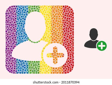 Mosaico punteado agrega un ícono de usuario tallado para LGBT. El collage cuadrado redondeado de color arcoiris está alrededor de añadir forma tallada por el usuario. Colores del arcoiris LGBT. Vector agrega composición de usuario de elementos esféricos.