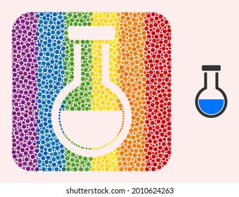 Dotted mosaic analysis flask carved pictogram for LGBT. Colored rounded rectangle mosaic is around analysis flask carved shape. LGBT rainbow colors. Vector analysis flask combination of sphere pixels.