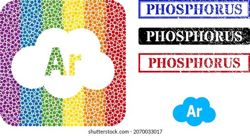 Dotted mosaic argon cloud stencil icon for LGBT, and grunge PHOSPHORUS stamps. Rectangle stamp seals contain PHOSPHORUS title inside frames.