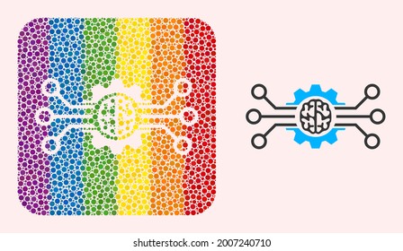 Dotted mosaic artificial intellect subtracted icon for LGBT. Rainbow colored rounded square collage is around artificial intellect carved shape. LGBT rainbow colors.