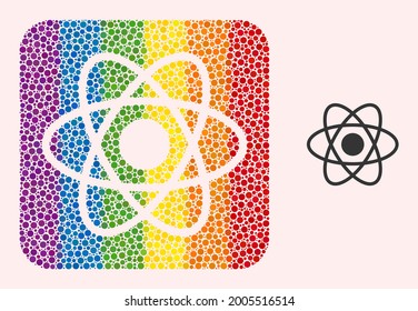 Dotted mosaic atom stencil pictogram for LGBT. Rainbow colored rounded rectangle mosaic is around atom subtracted shape. LGBT rainbow colors. Vector atom composition of circle spots.