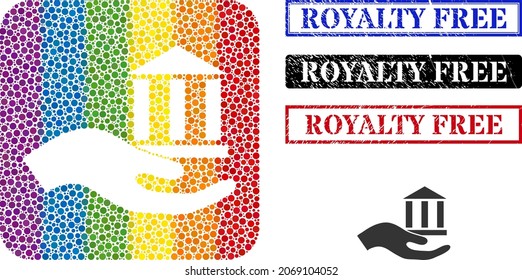 Dotted mosaic bank offer hand subtracted pictogram for LGBT, and grunge ROYALTY FREE seal stamps. Rectangle stamp seals include ROYALTY FREE tag inside frames.