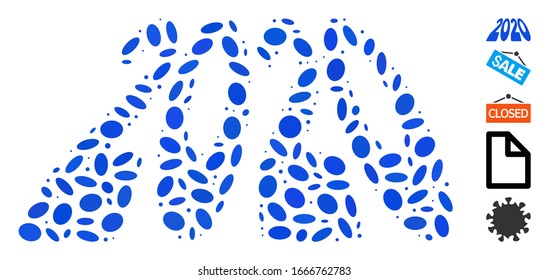 Dotted Mosaic based on 2020 perspective text. Mosaic vector 2020 perspective text is formed with scattered elliptic spots. Bonus icons are added.
