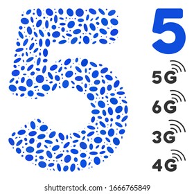 Mosaico trazado basado en 5 dígitos. El vector mosaico 5 dígitos está diseñado con puntos ovales aleatorios. Se agregan iconos de bonificación.