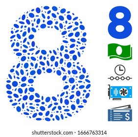 Dotted Mosaic based on 8 digit. Mosaic vector 8 digit is designed with randomized oval dots. Bonus icons are added.