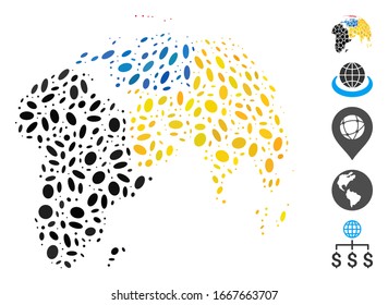 Dotted Mosaic basierend auf abstraktem Globus mit farbigen gestrichenen Kontinenten. Die abstrakte Mosaikkugel mit farbigen gestrichenen Kontinenten der Vektorillustration ist mit randomisierten ovalen Flecken entworfen. Bonussymbole werden hinzugefügt.