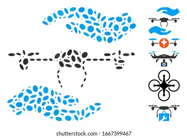 Dotted Mosaic auf der Grundlage von airdrone Pflegehand. Mosaike Vektorillustration Airdrone Pflegehände sind mit zufälligen ovalen Elementen entworfen. Bonussymbole werden hinzugefügt.