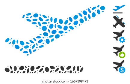 Dotted Mosaic based on airplane departure. Mosaic vector airplane departure is composed with randomized oval dots. Bonus icons are added.