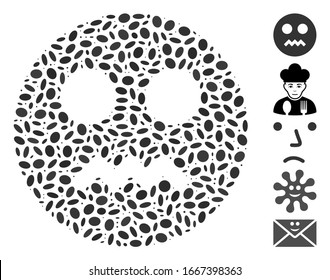 Dotted Mosaic based on angry smiley. Mosaic vector angry smiley is composed with random ellipse dots. Bonus icons are added.