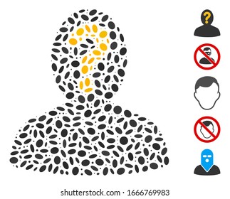 Dotted Mosaic based on anonymous person. Mosaic vector anonymous person is formed with scattered ellipse items. Bonus icons are added.