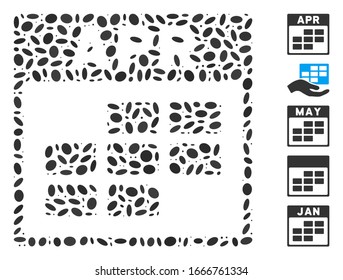 Dotted Mosaic based on April calendar grid. Mosaic vector April calendar grid is created with randomized ellipse dots. Bonus icons are added.