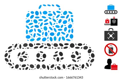 Dotted Mosaic based on baggage conveyor. Mosaic vector baggage conveyor is created with randomized oval elements. Bonus icons are added.