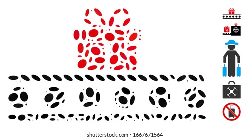 Mosaico con puntos basado en transportador de equipaje. El transportador de equipaje vectorial mosaico está diseñado con puntos elípticos aleatorios. Se agregan iconos de bonificación.