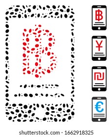 Dotted Mosaic based on baht mobile payment. Mosaic vector baht mobile payment is composed with randomized ellipse items.