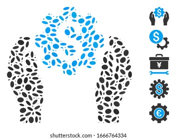 Dotted Mosaic based on banking maintenance hands. Mosaic vector banking maintenance hands is created with scattered oval dots. Bonus icons are added.