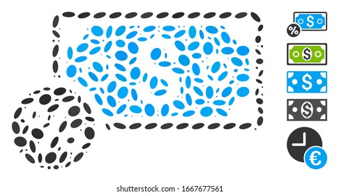 Dotted Mosaic basierend auf Banknote Prozent. Mosaik Vektorillustration Banknote Prozent besteht aus verstreuten ovalen Gegenständen. Bonussymbole werden hinzugefügt.