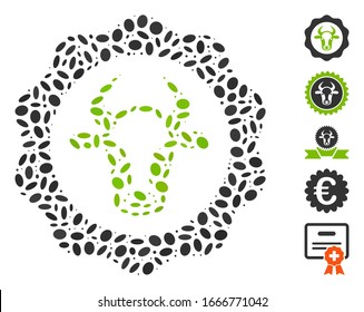 Mosaico con puntos basado en el certificado de carne de vacuno. El certificado de carne de vacuno vectorial mosaico se crea con manchas ovales aleatorias. Se agregan iconos de bonificación.